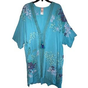 Chicos Embroidered Floral Kimono Duster Turquoise Blue Beaded Tassel Tie Wrap SM
